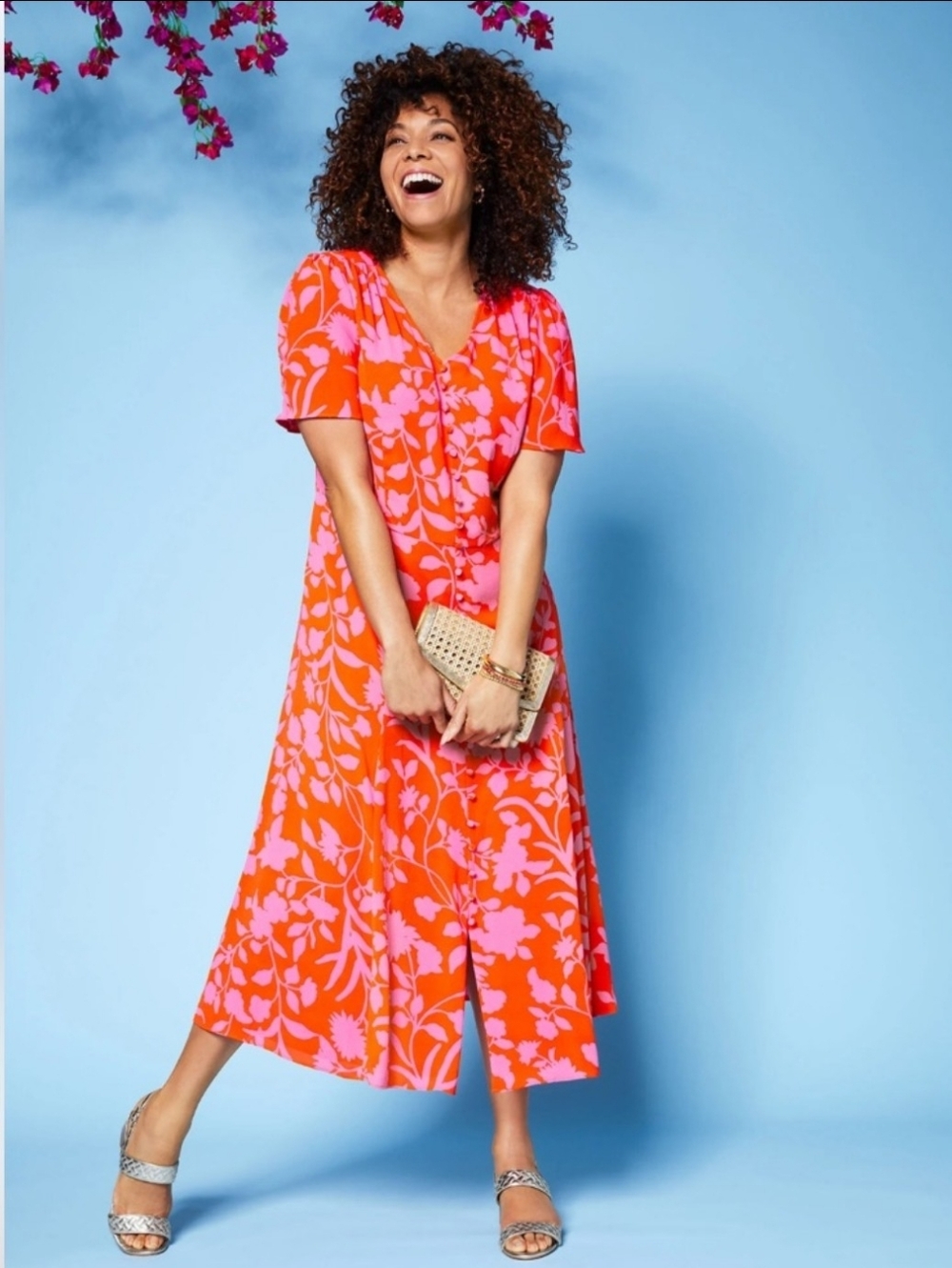 Talbots Orange & Pink Floral V Neck Flutter Sleeve Midi Dress Size 10P 10 Petite